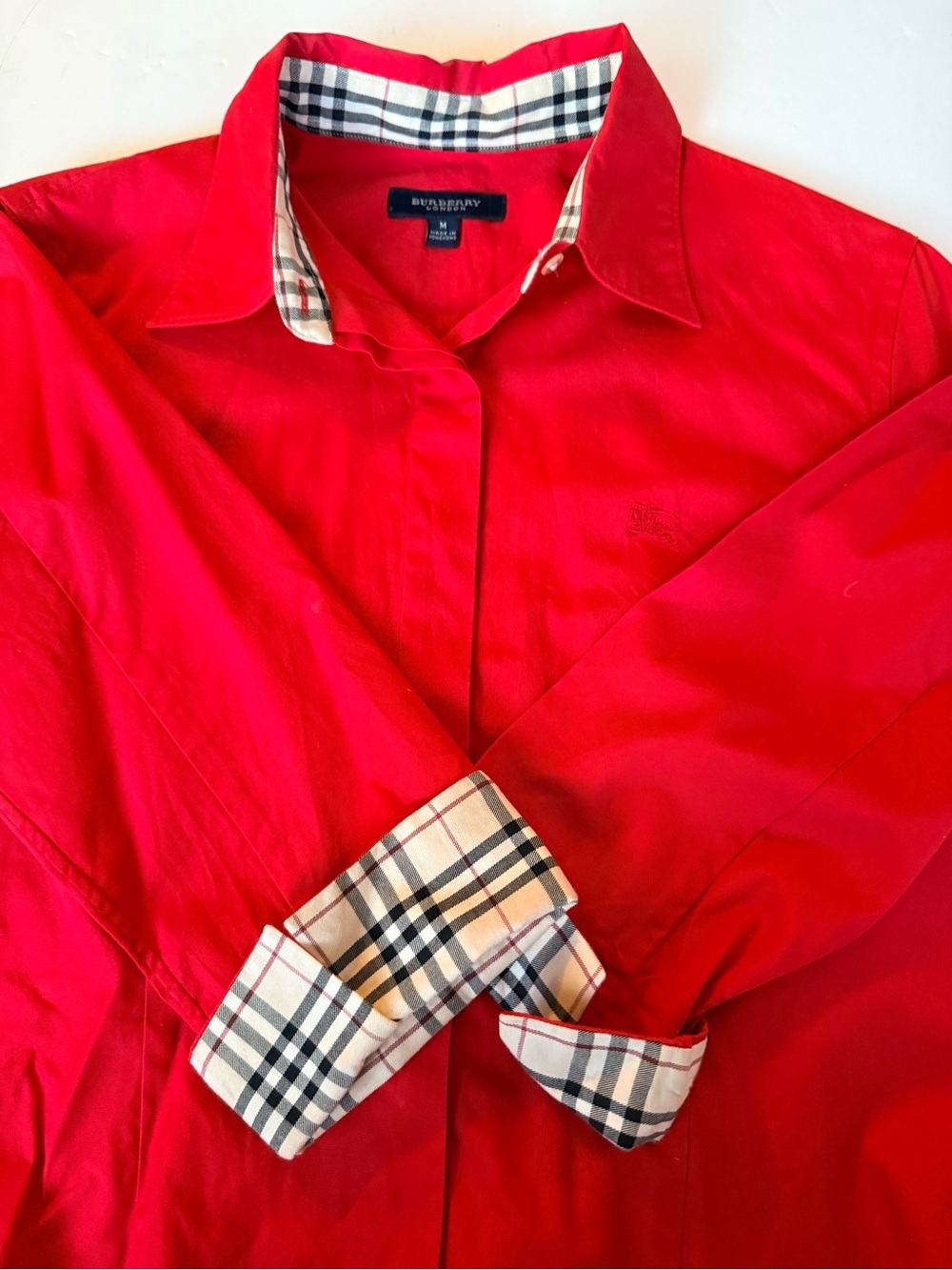 Burberry Red Button-Down Shirt with Signature Check Trim